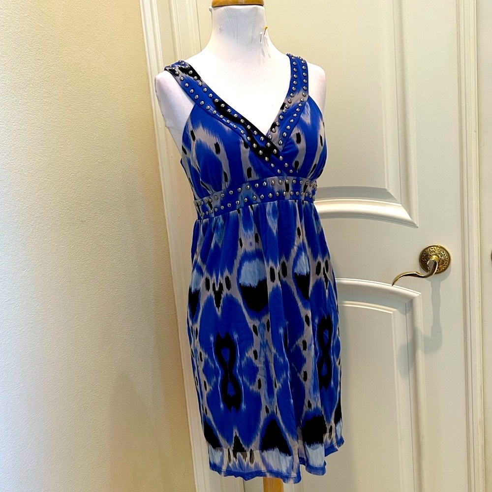 NWOT INC royal blue, gray and black knit sundress with silver studs